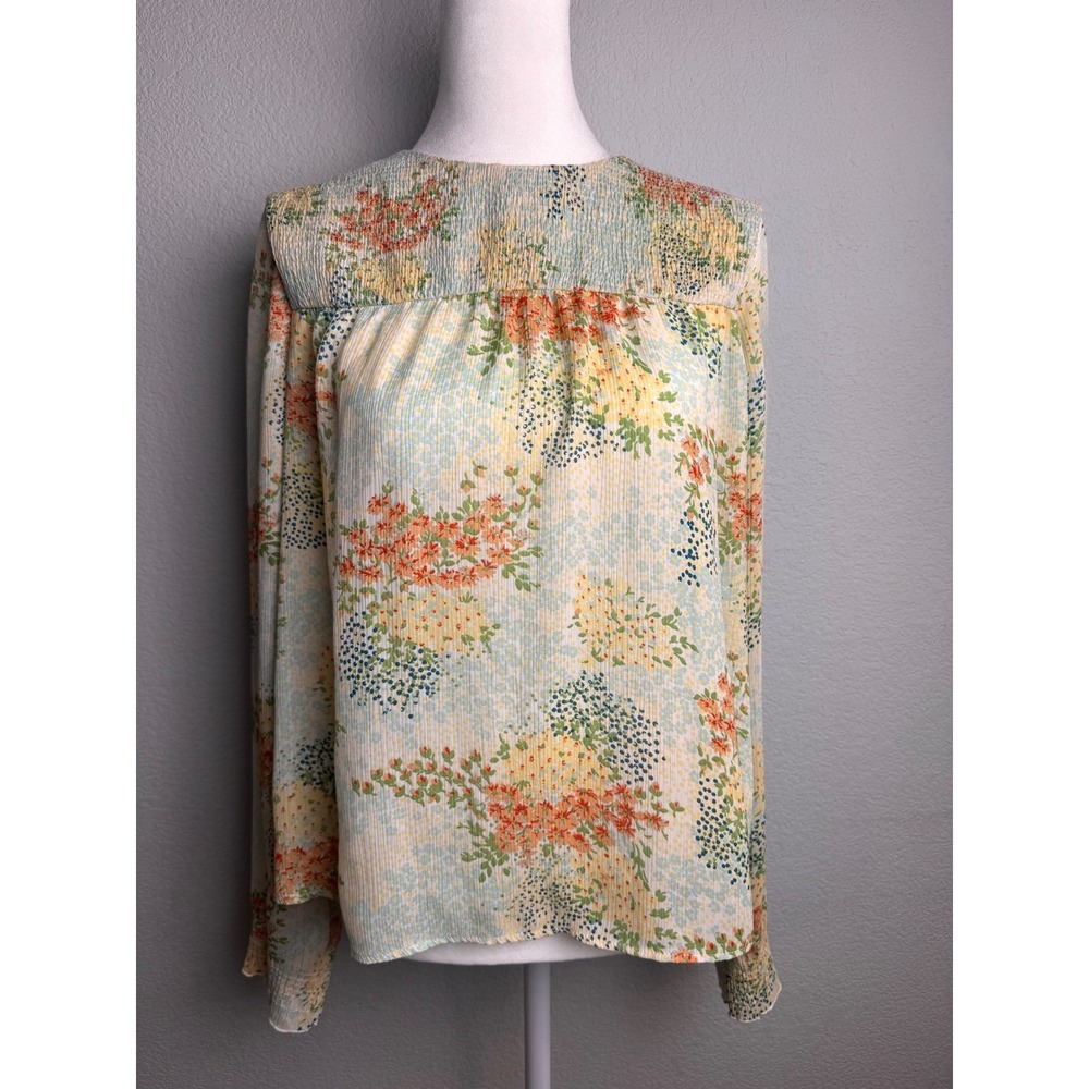Zara Basic Floral Plisse Smocked Blouse Long Sleeve Multi Color XS